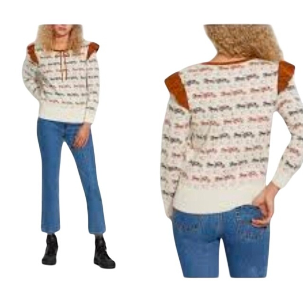 Coach Horse and Carriage Ruffle Tie Neck Sweater C8948 Cream Brown Medium